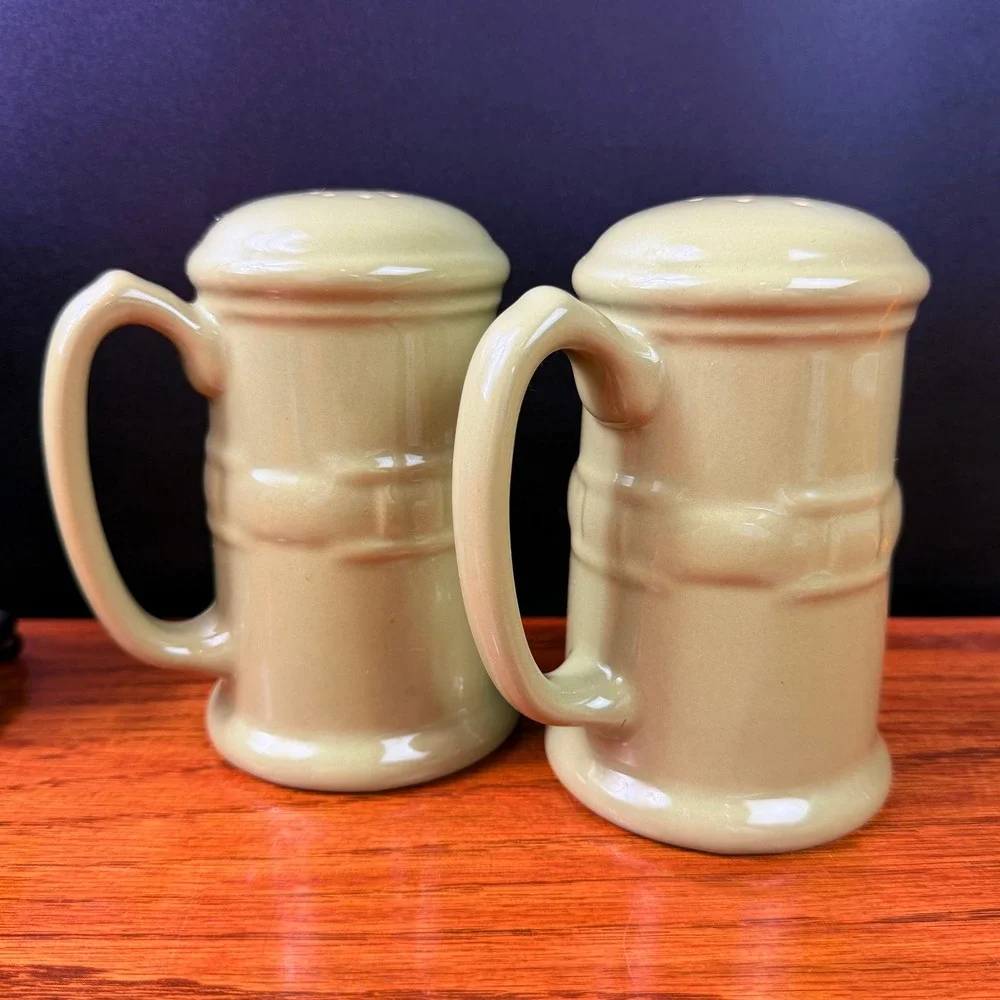 Longaberger Salt Pepper Shakers 2 Sets Sage Green Woven Ceramic Iron Caddy